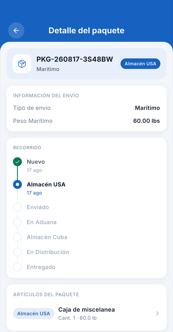 Detalle de un paquete en la app Mi Envío: el recorrido muestra Nuevo y Almacén USA con su fecha, y las etapas siguientes pendientes