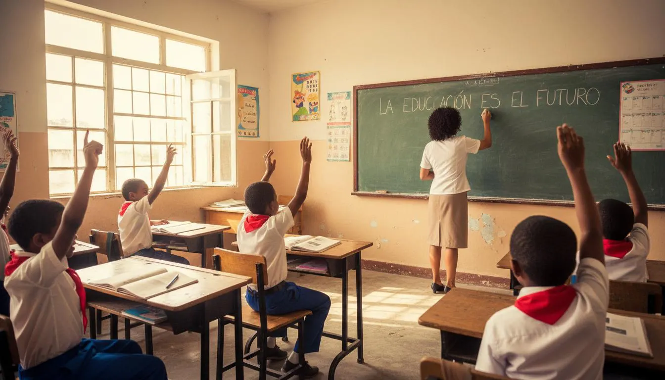 Niños con pañoleta roja levantan la mano en un aula; en la pizarra se lee «La educación es el futuro».